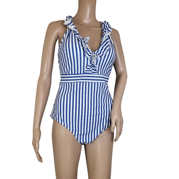 Cupshe One Piece Swimsuit Size L Blue Navy White Stripes Ruffle Adjustable - Picture 1 of 3